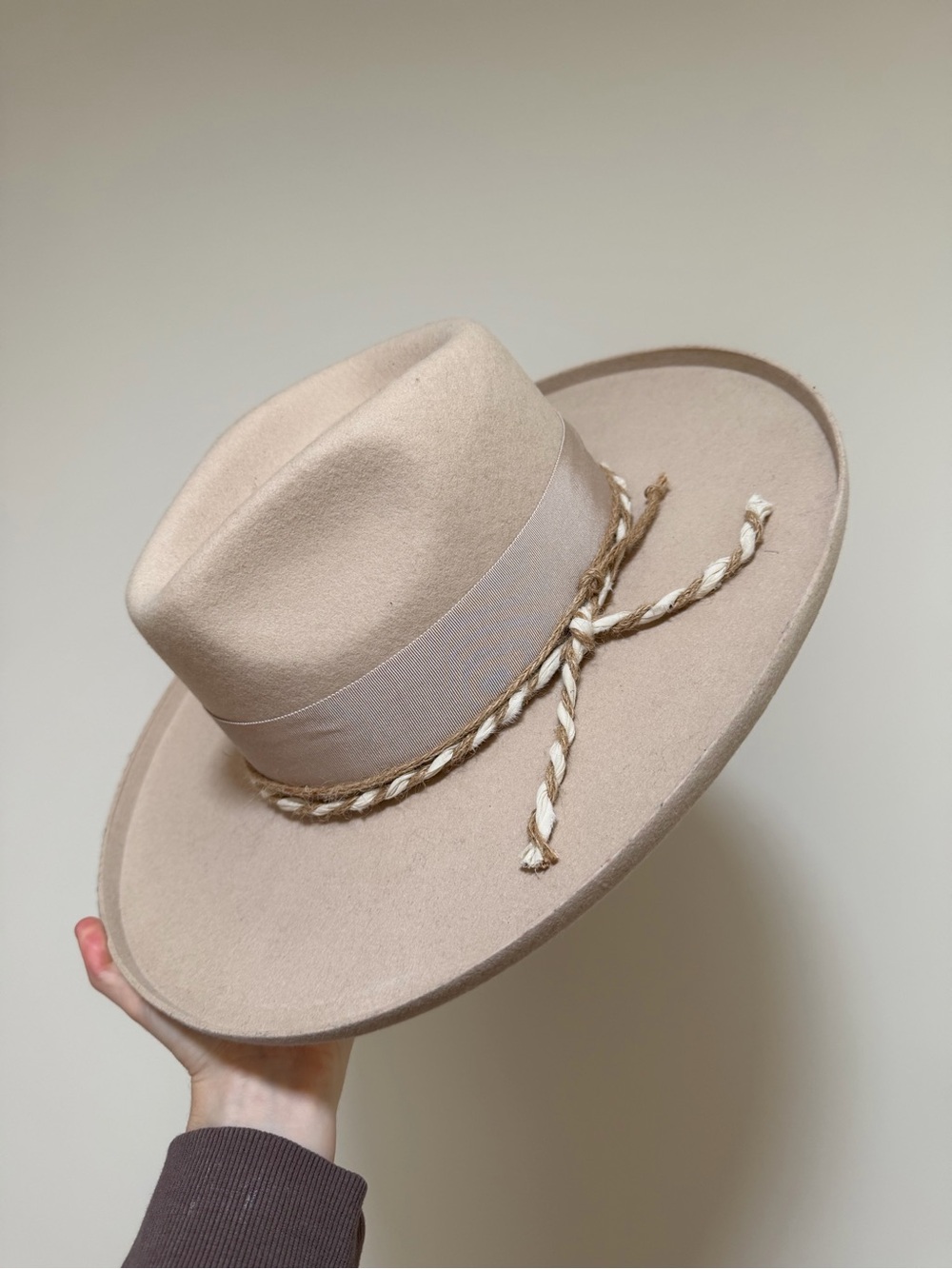 Beige Wide Brim Wool Fedora Hat with Braid Accent